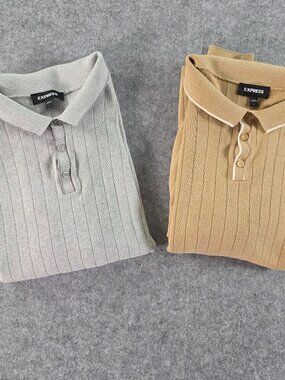Bundle of 2: EXPRESS Ribbed Knit Sweater Polos - Tan & Gray Men Large